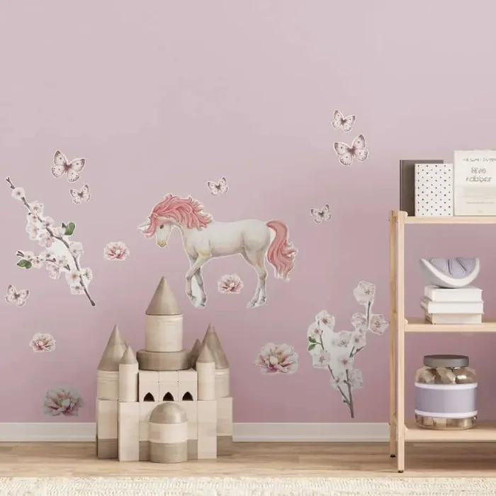 Kinderzimmer Wandtattoo Einhorn im rosa Blütenrausch – Kikki Belle – 15-teilig – 50×70 cm