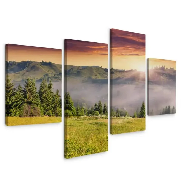 Leinwandbild Bergtal im Nebel (4-teilig)