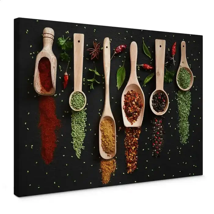 Leinwandbild Kräuter und Gewürze auf Holzlöffel – Dingemans