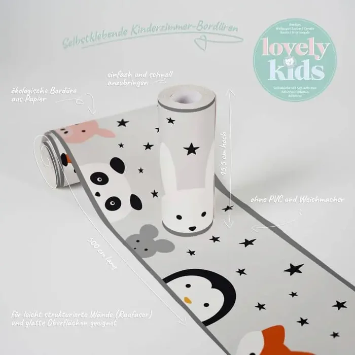 Lovely Kids selbstklebende Kinderzimmer Bordüre Wild Stars mit niedlichen Tieren