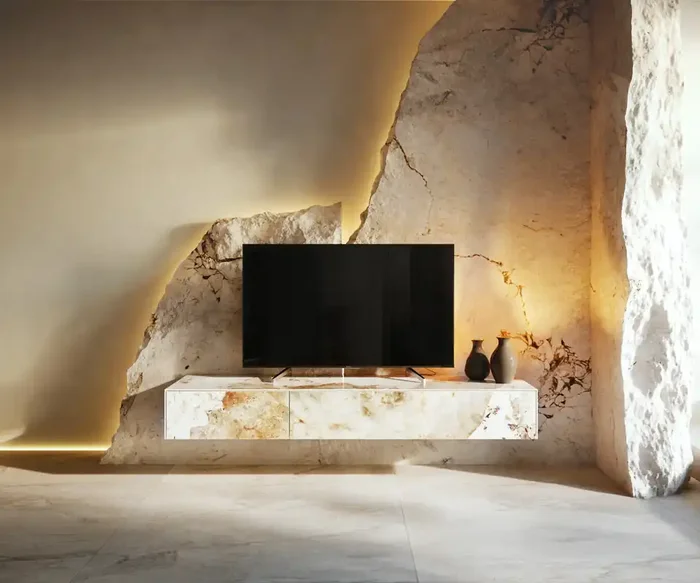 Lowboard Cuor 150 cm Keramik Minas Melange Weiß-Beige 1 Klappe 1 Schubfach Schwebend