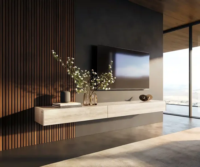 Lowboard Cuor 250 cm Keramik Laminam® Travertino Bianco Creme-Weiß 1 Klappe 1 Schubfach Schwebend