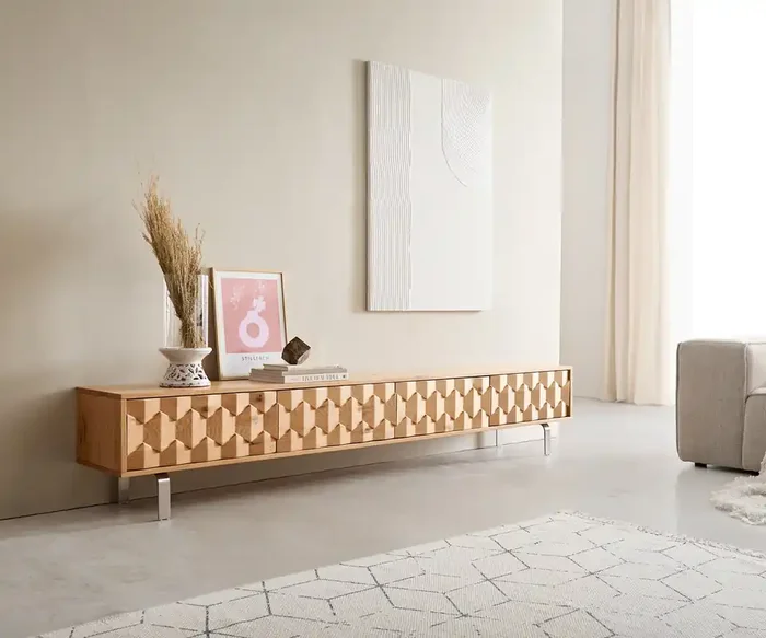 Lowboard Fevo 220 cm Eiche Natur 4 Türen L-Fuß Edelstahl