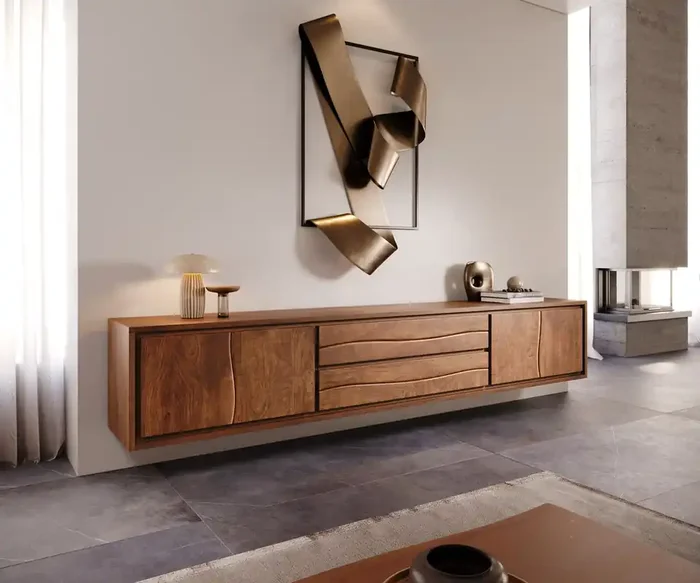 Lowboard Live-Edge 300 cm Akazie Braun 4 Türen 2 Schübe schwebend