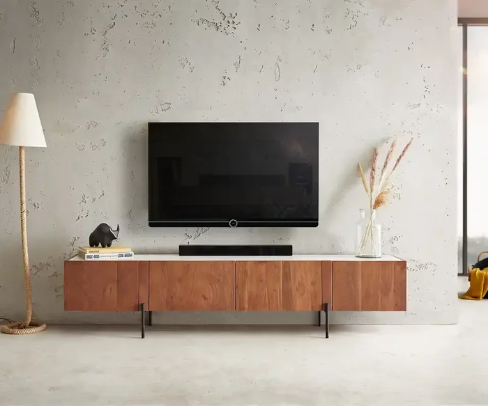 Lowboard Secara 200 cm Akazie Braun 4 Türen Marmor Füße Schwarz