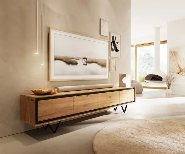 Lowboard Stonegrace 200 cm Eiche Natur 4 Türen Steinfurnier V-Fuß Metall Schwarz