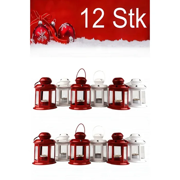 MAADES Weihnachtslaterne Windlicht Laterne Kerzenhalter Metalllaterne 12er Set – Rot & Weiß