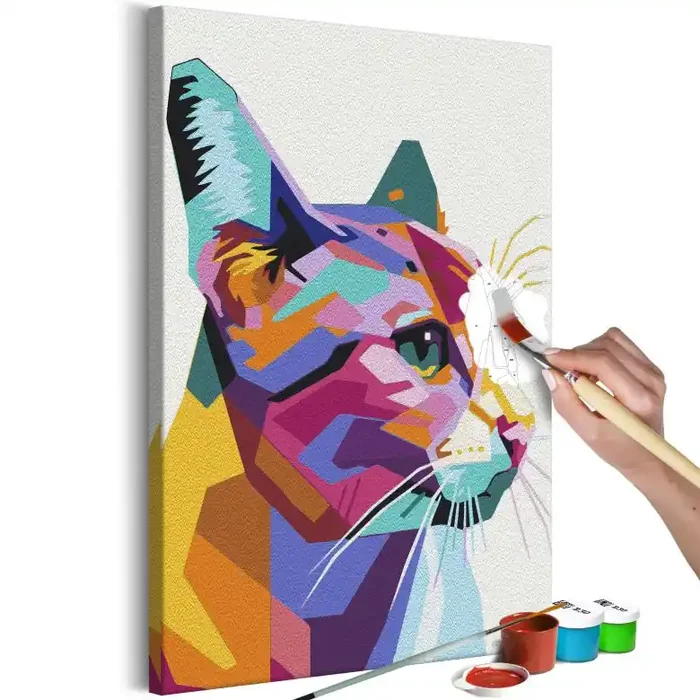 Malen nach Zahlen Leinwandbild – Geometrische Katze – 40×50 cm – mit Keilrahmen – bespannt