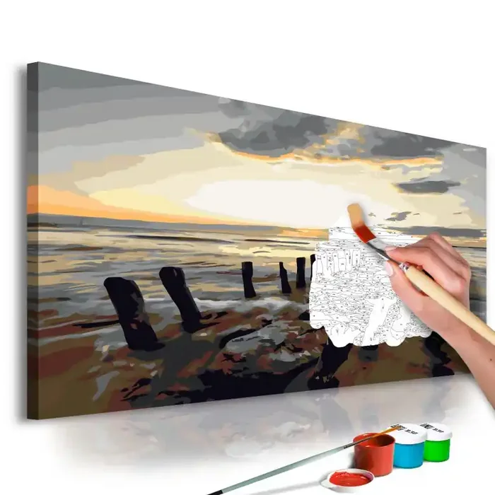 Malen nach Zahlen Leinwandbild – Sonnenaufgang am Strand – 50×40 cm – mit Keilrahmen – bespannt