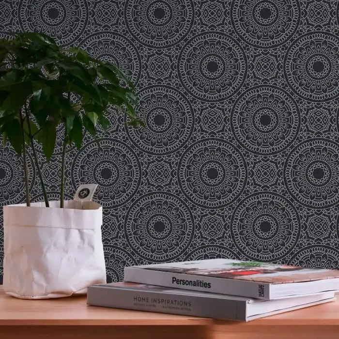 Mandala Grafiktapete Schwarz Silber – Tapete im Boho-Stil – Vliestapete Wohnzimmer Küche