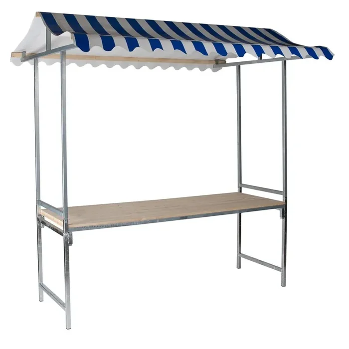 Professional Marktstand blau-weiß, feuerbeständige PVC Plane, Fichtenholz, 200x151x232cm (BxTxH)