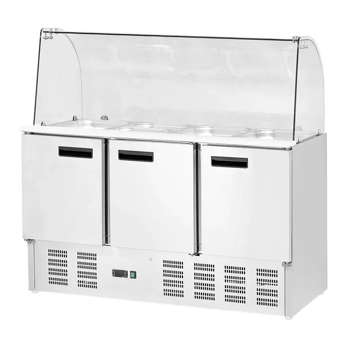Saladette with glass top, with three doors, for 16 x GN 1/4 (150 mm), dimensions 1365 x 700 x 1300 mm (WxDxH)