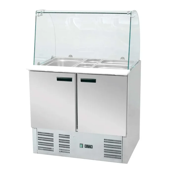 Saladette with glass top, with two doors, for 10 x GN 1/4 (150 mm), dimensions 900 x 700 x 1300 mm (WxDxH)