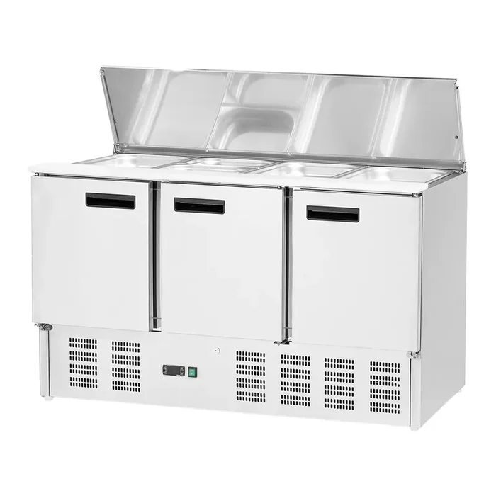 Saladette with telescopic lid, three doors, for 16 x GN 1/4
