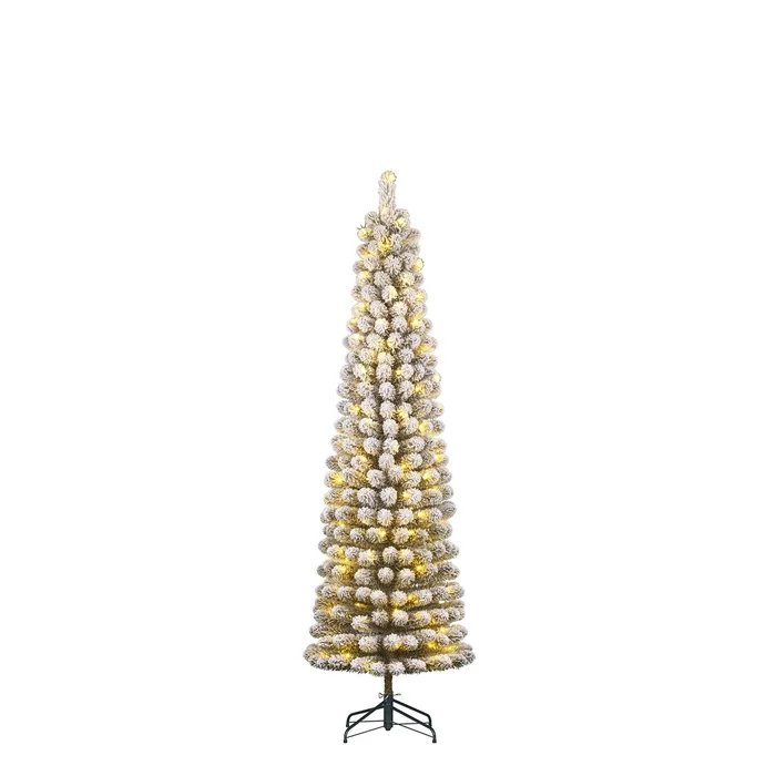 Schmaler künstlicher Weihnachtsbaum von Charlton mit warmweißer LED-Beleuchtung – H185 x Ø53 cm – Grün gefrostet