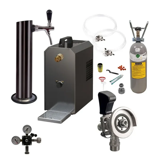 Untertheke Zapfanlage 35l mit Edelstahl Schwarzer Schanksäule, Kompensatorschankhahn, CO², Uhr, Schläuchen und Keg Kombikeg(M) 2kg + Reinigungsset