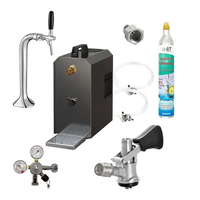 Untertheke Zapfanlage 35l mit Schanksäule Classic, Kompensatorschankhahn, CO², Uhr, Schläuchen und Keg Korbkeg(S) 425g Soda