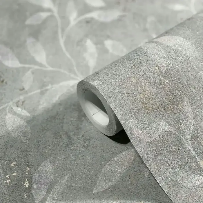 Vliestapete mit Blattmotiv und Metallic Effekt Grau Floral
