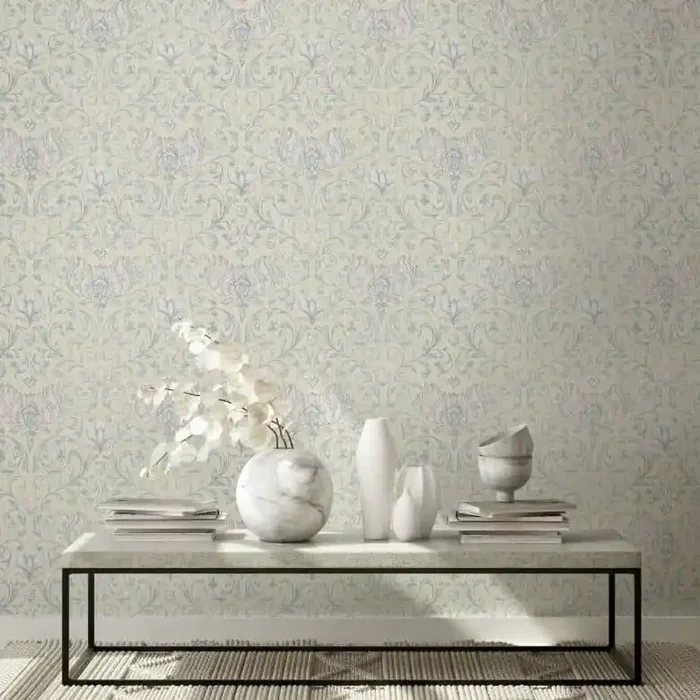 Vliestapete mit Blumen, Blätter ornamental glänzend beige Floral