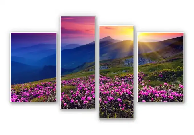 Wandbild Sonnenuntergang in den Bergen (4-teilig)