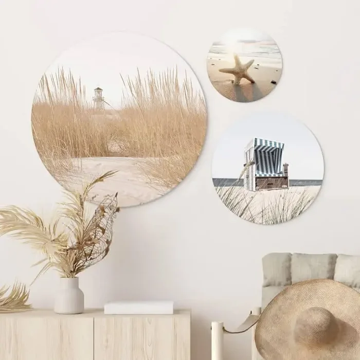 Wandbild Strandkorb, Seestern und Dünen an der Ostsee Set (3-teilig) – Alu-Dibond Set (3-teilig) – Alu-Dibond Rund