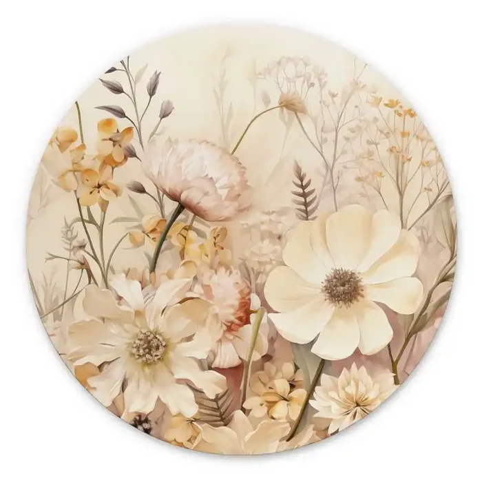 Wandbild Vintage Blütenpracht auf der Wiese – Lola Peacock – Alu-Dibond Rund