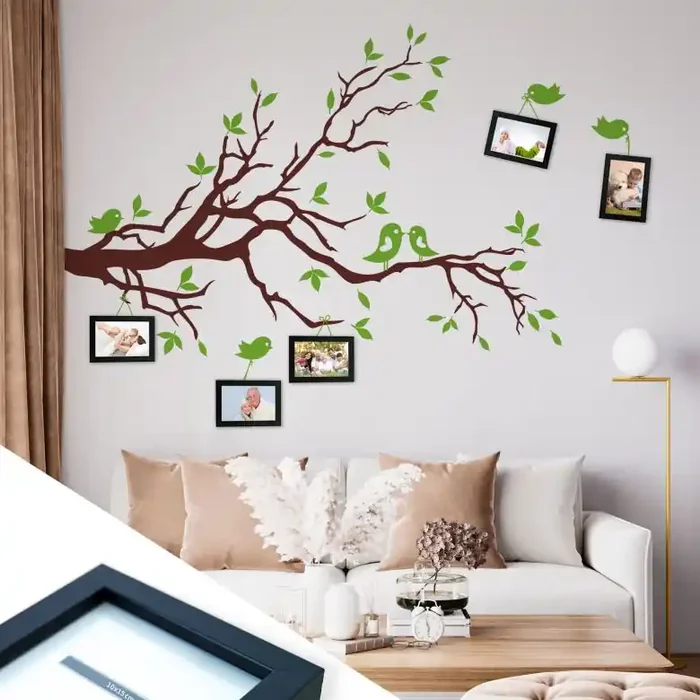 Wandtattoo Zweig mit Vögelchen 2-farbig inkl. 5 Bilderrahmen