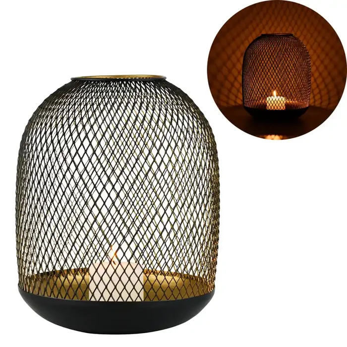 Windlicht Caedmon 33cm, Metalllaterne schwarz-gold im Netzdesign