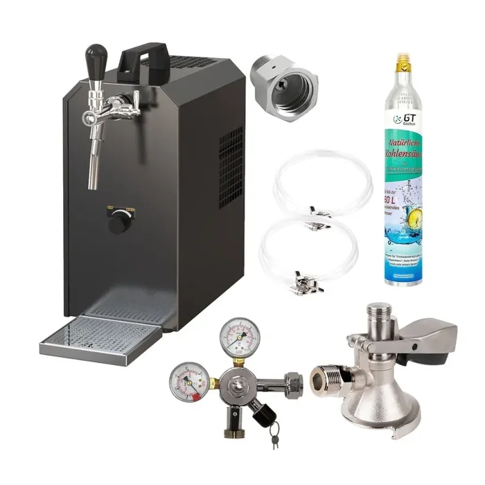 Zapfanlage Edelstahl 35 L/h Mobichill Komplettset mit CO², Uhr, Schläuchen und Keg Flachkeg(A) 425g Soda