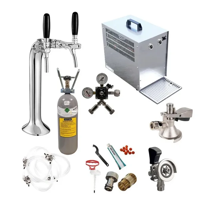 Zapfanlage Untertheke 2 leitig 60l mit Schanksäule Classic, Kompensatorschankhahn, CO², Uhr, Schläuchen und Kegs